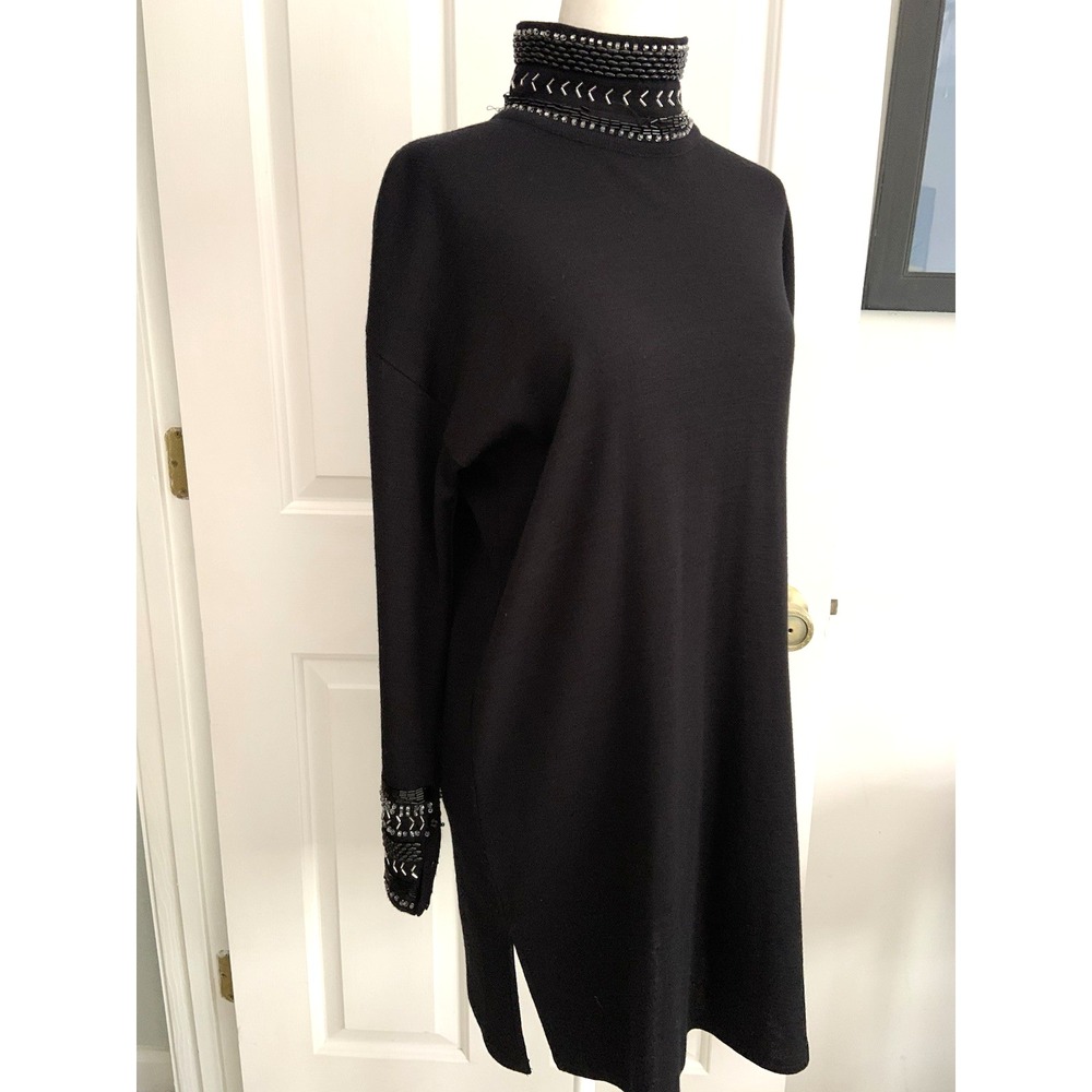 Vintage 90s Liz Claiborne wool blnd mock neck sweater Dress beaded sz M *FLAW